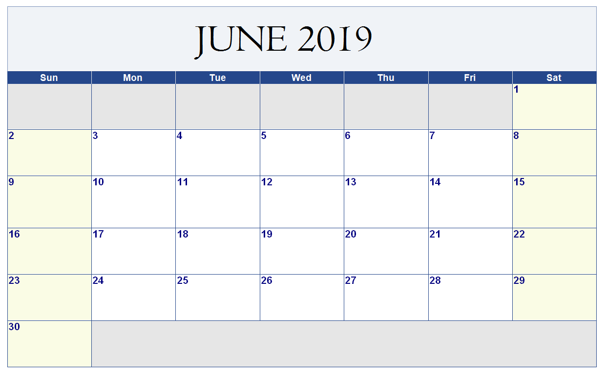June 2019 Excel Calendar