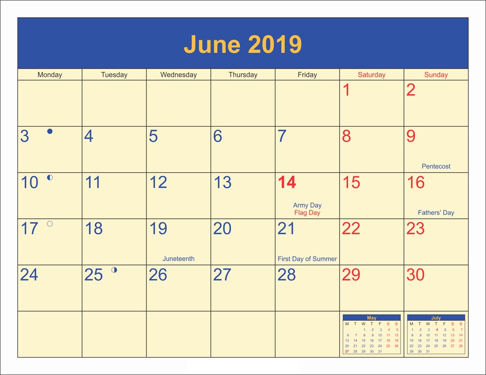 June 2019 Holidays Calendar With Moon Phases