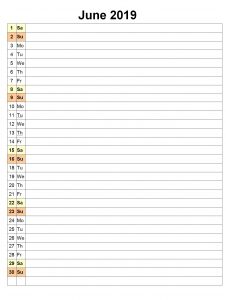 June 2019 Calendar Excel