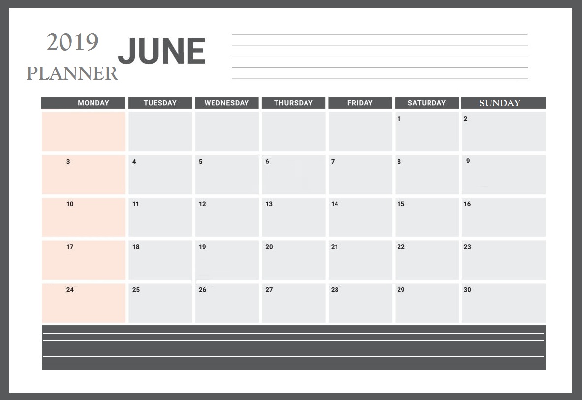 June 2019 Table Calendar