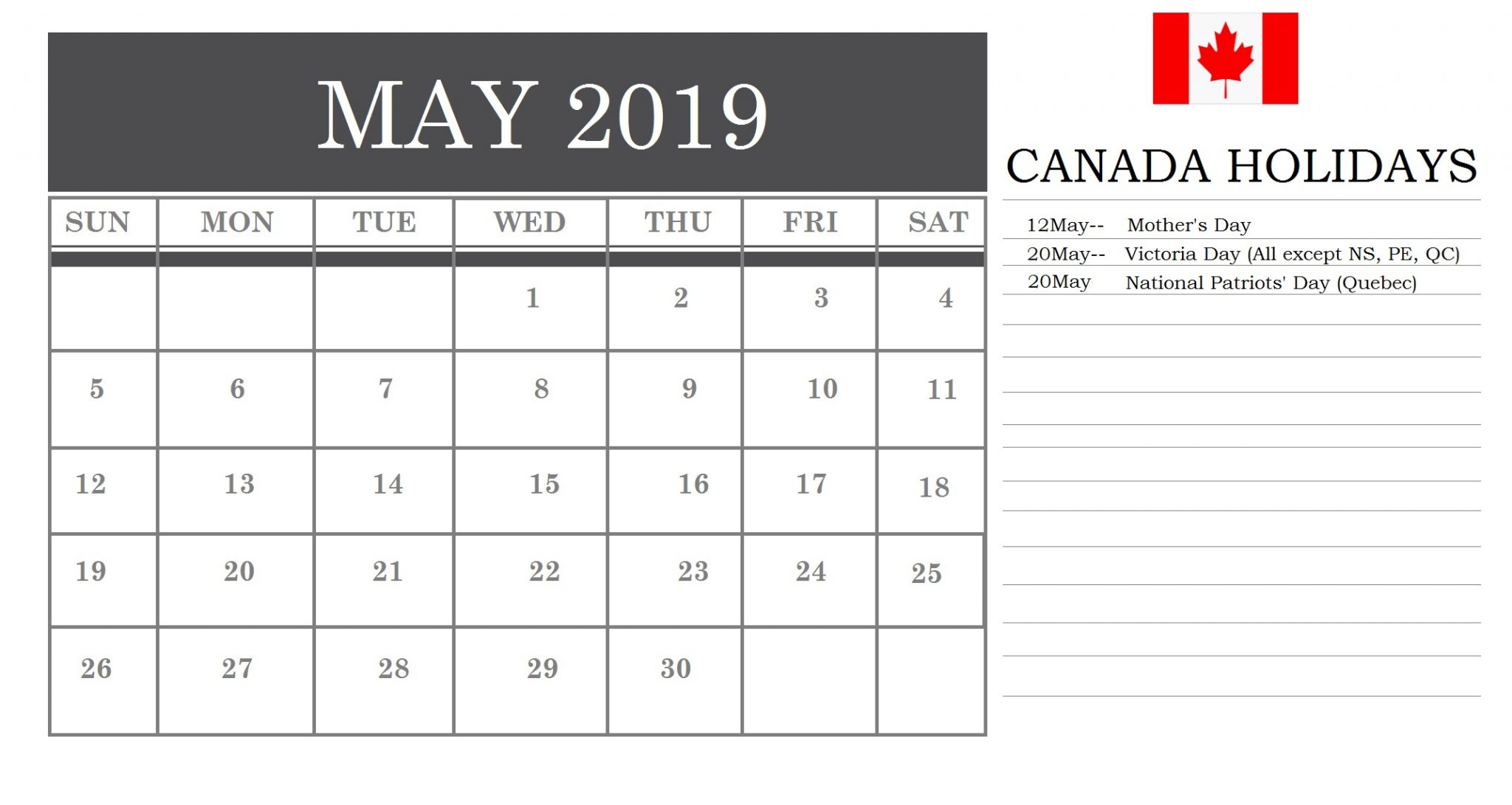 May 2019 Calendar Canada