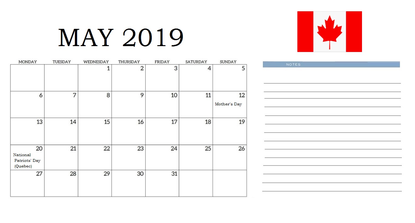 May 2019 Calendar For Canada Holidays
