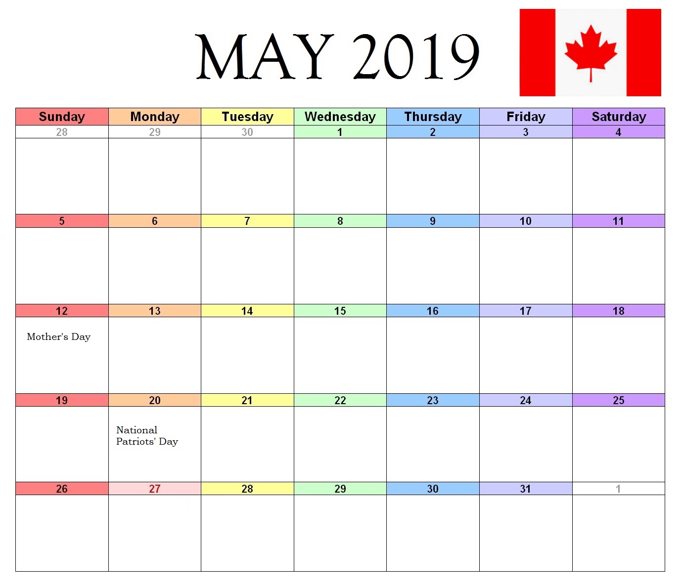 Canada May 2019 Holidays Calendar