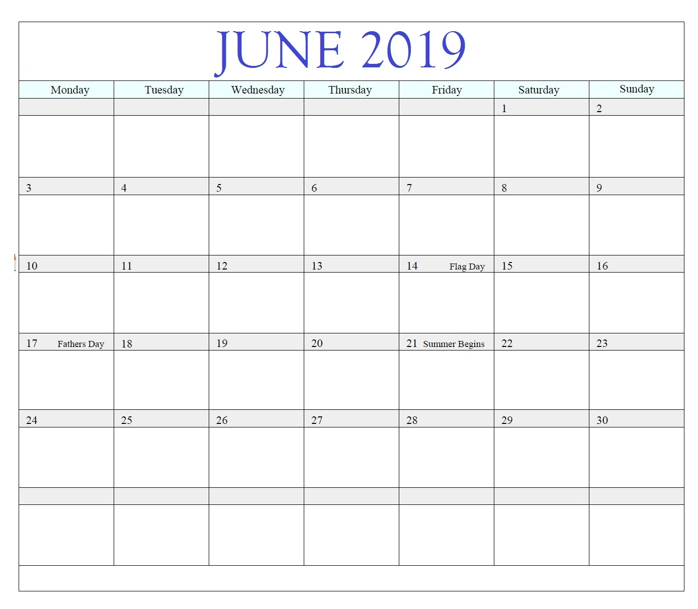 Print June 2019 Blank Calendar