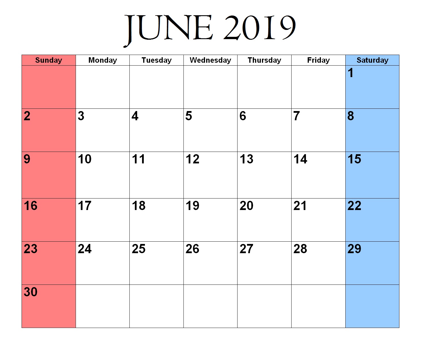 Print June 2019 Calendar Word
