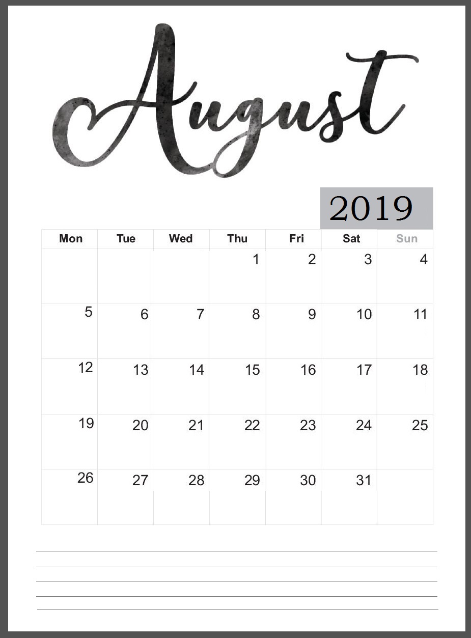 Printable August 2019 Wall Calendar