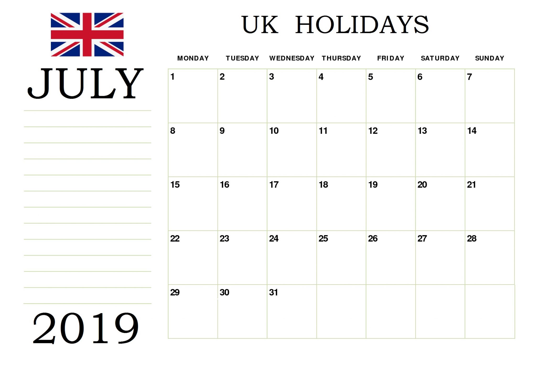 UK July 2019 Public Holidays Calendar