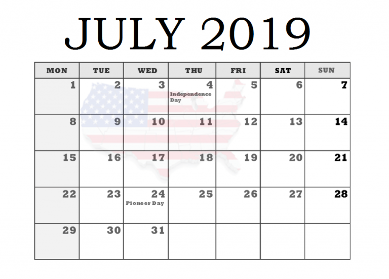 July 2019 Holidays Calendar