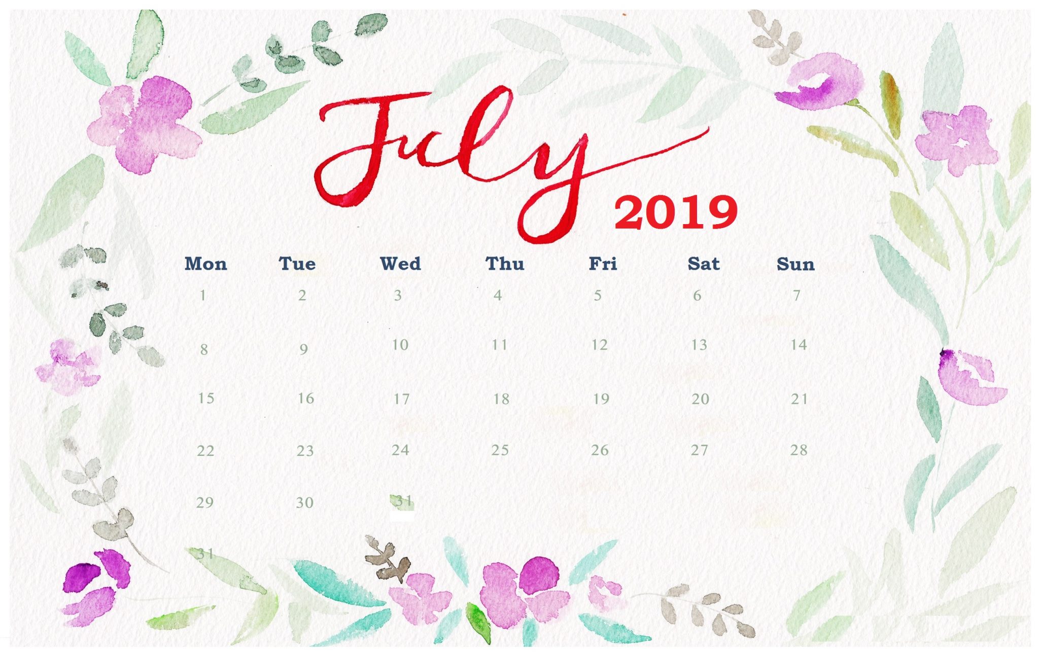 Watercolor July 2019 Desk Calendar