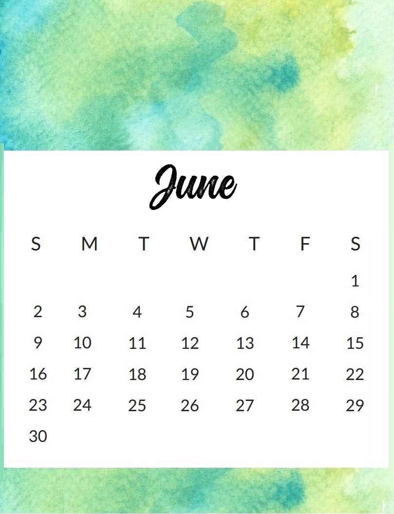Watercolor June 2019 Calendar