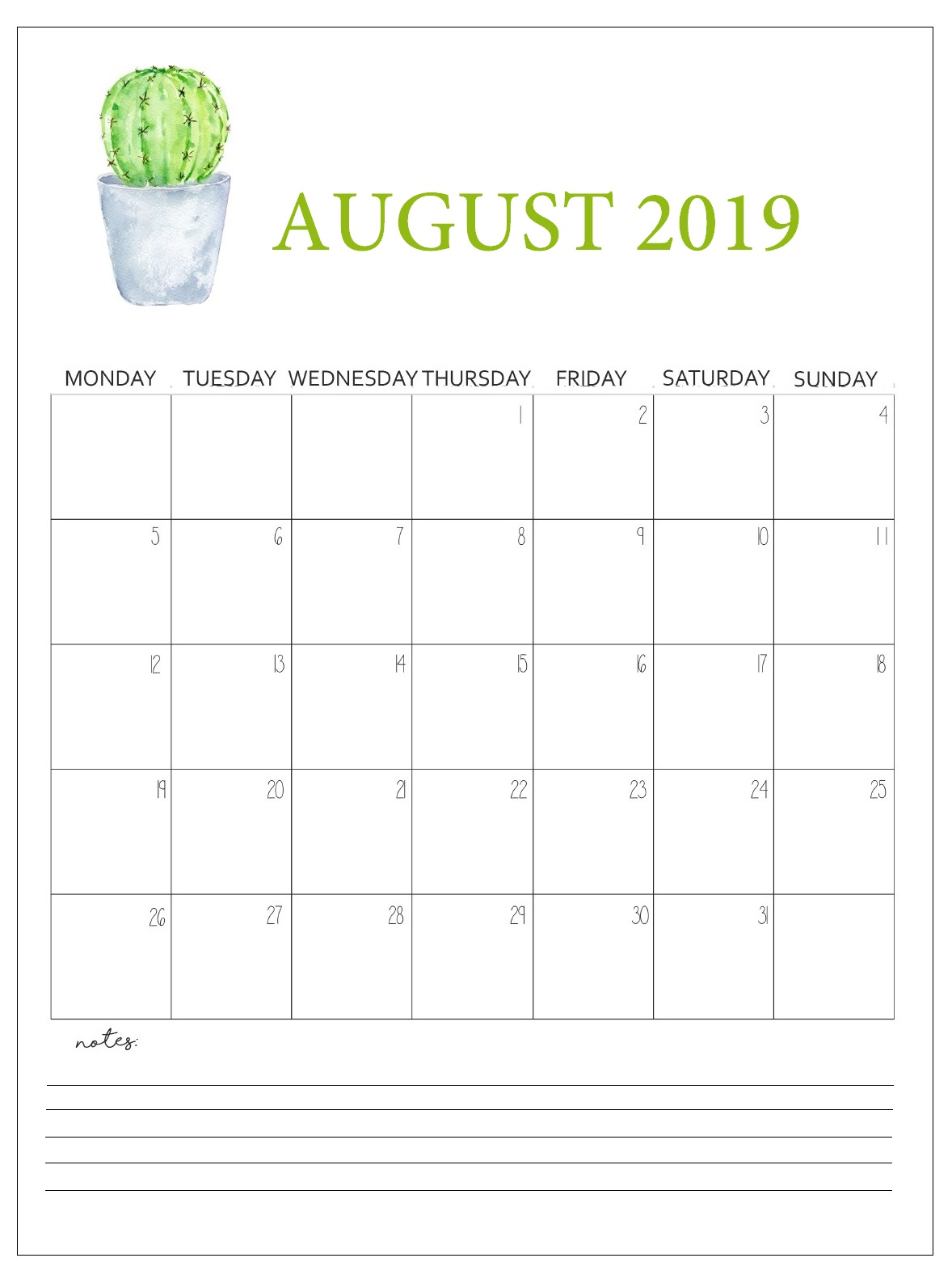 August 2019 Calendar For Office Wall