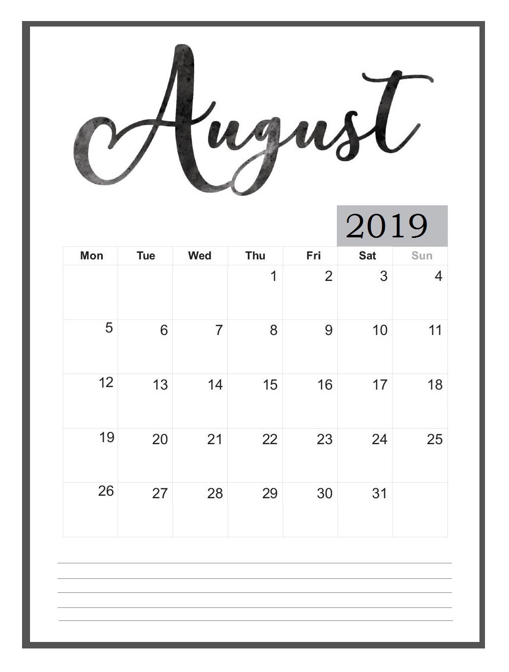 August 2019 Wall Calendar
