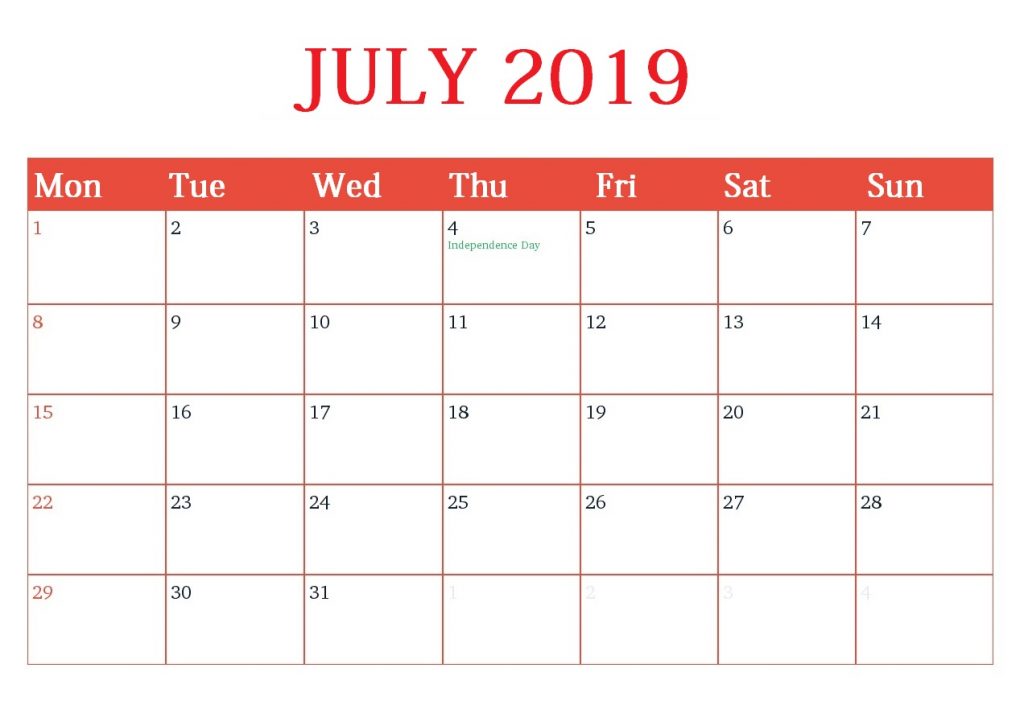 Editable July 2019 Calendar Template