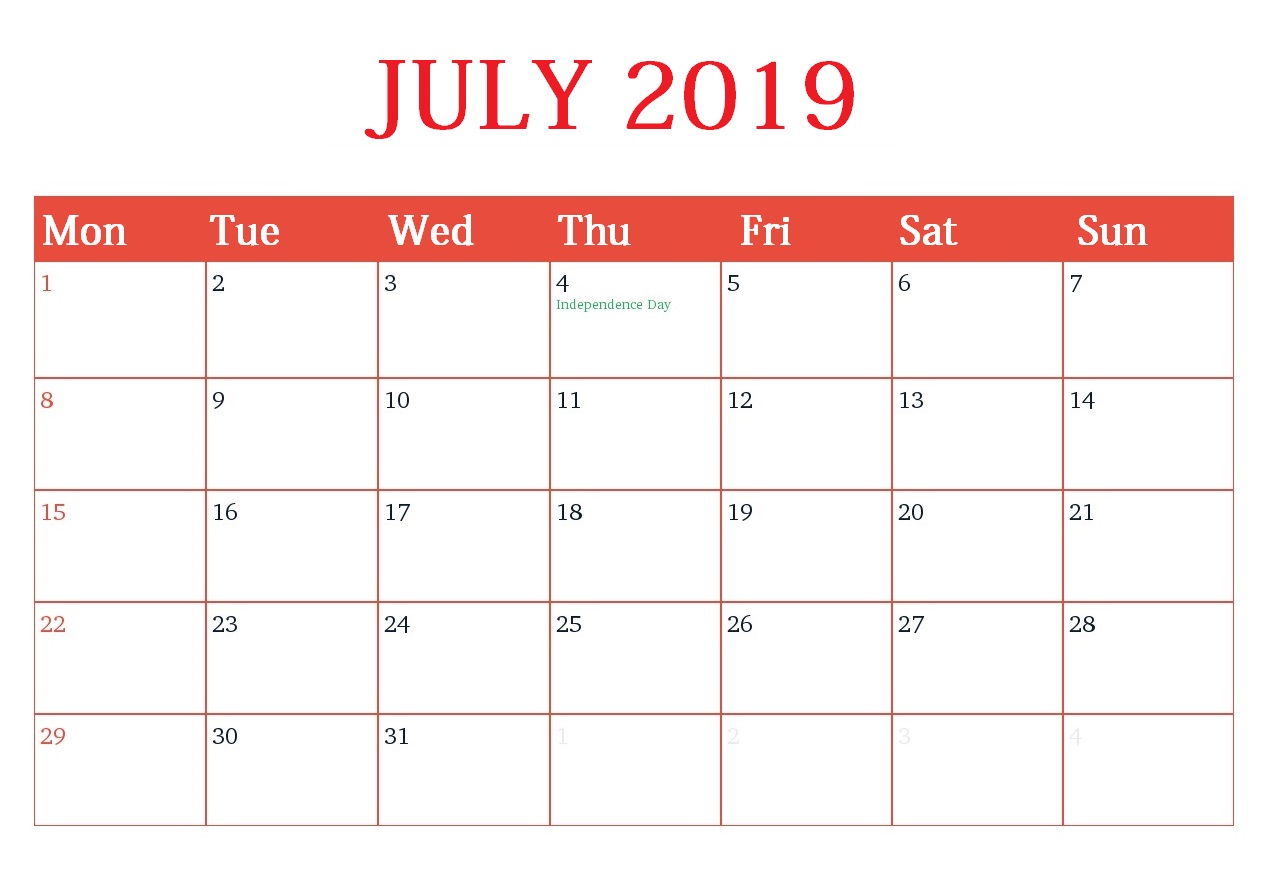 Customized July 2019 Calendar Template