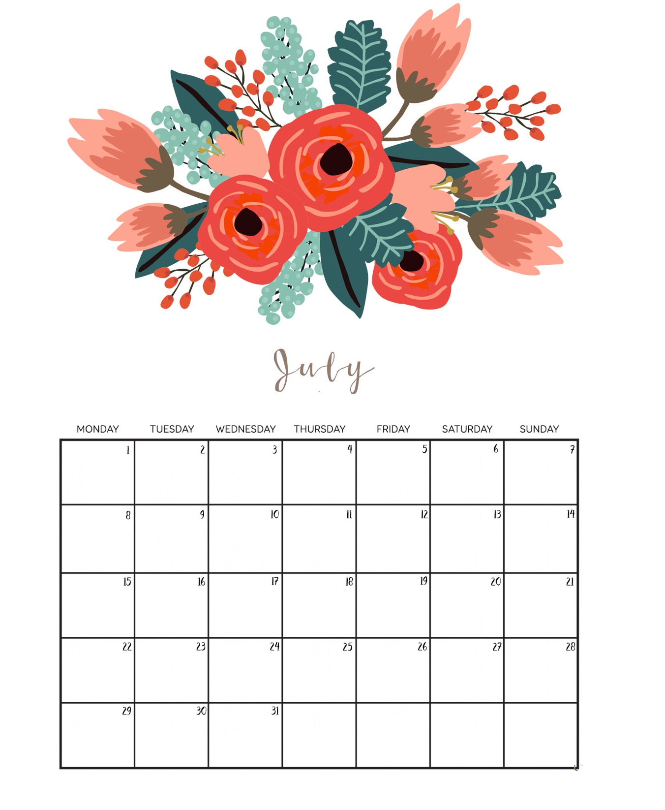Cute July 2019 Floral Calendar