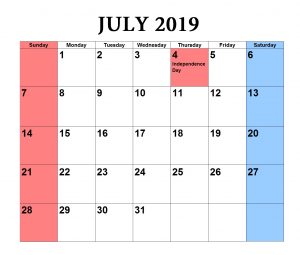 July 2019 Calendar Excel