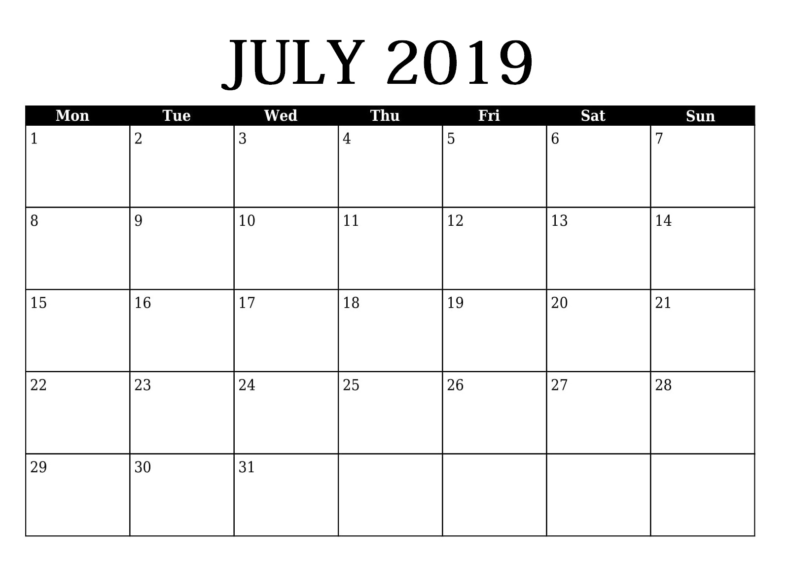 Edit July 2019 Calendar Online