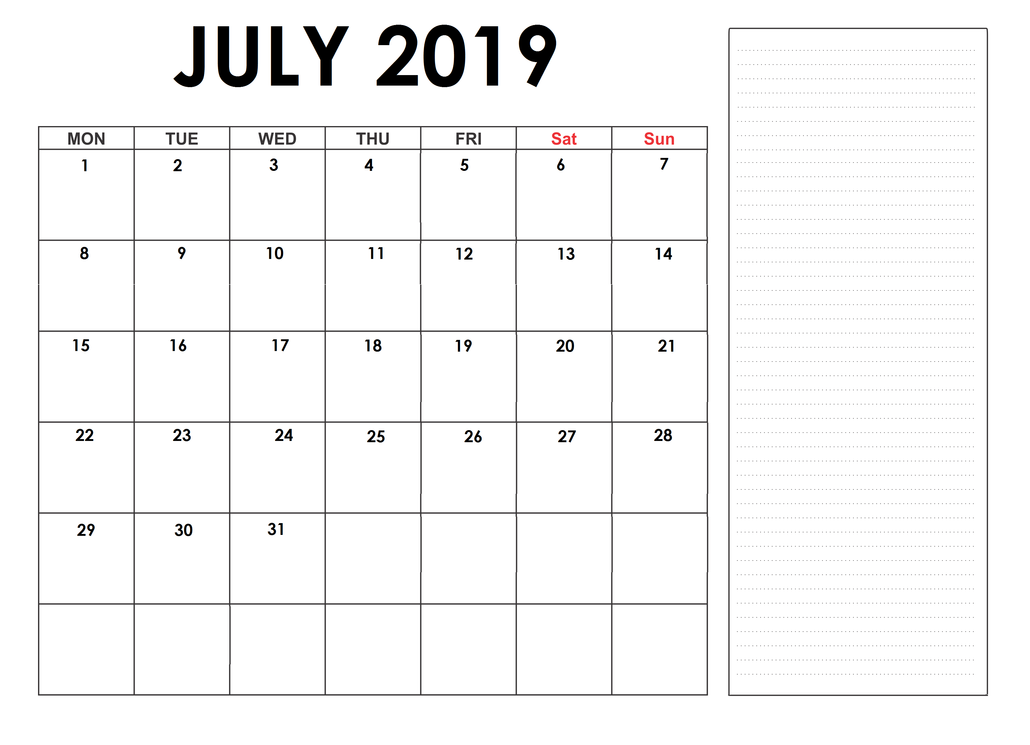 Editable July 2019 Blank Calendar