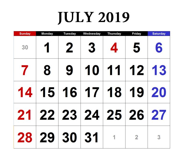 July 2019 Calendar Excel