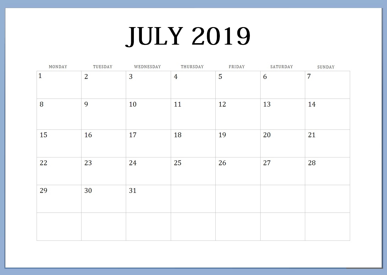 July 2019 Blank Calendar Printable
