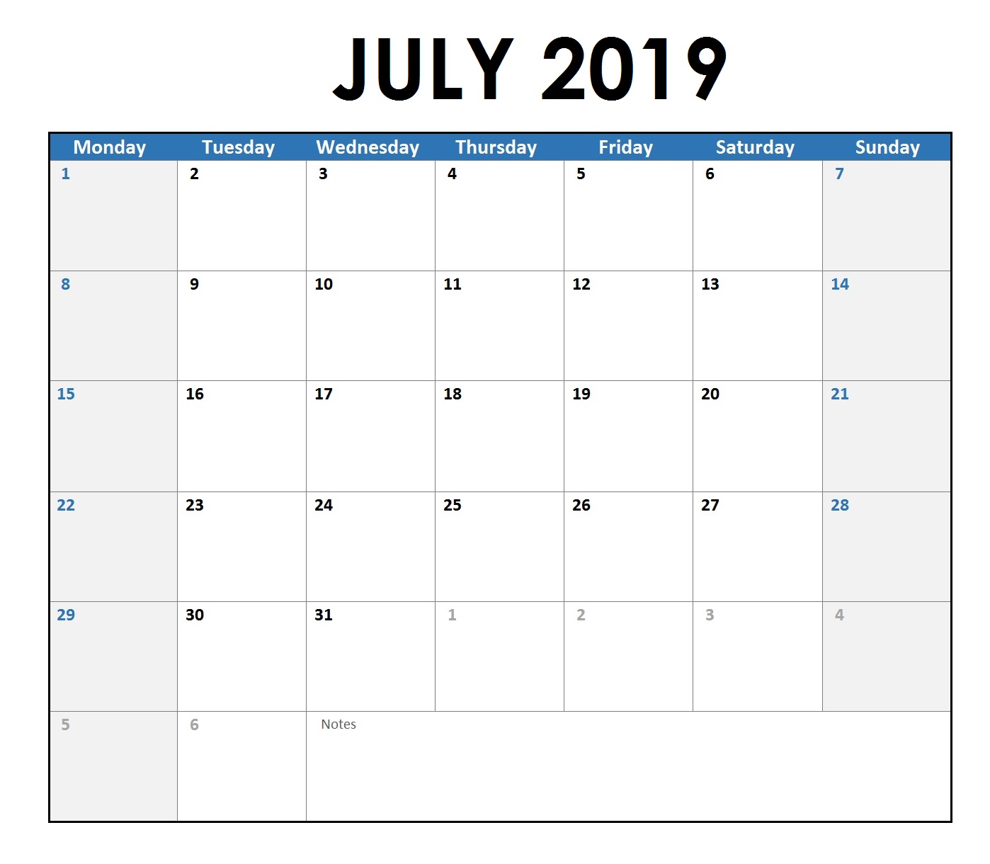 July 2019 Blank Calendar Template