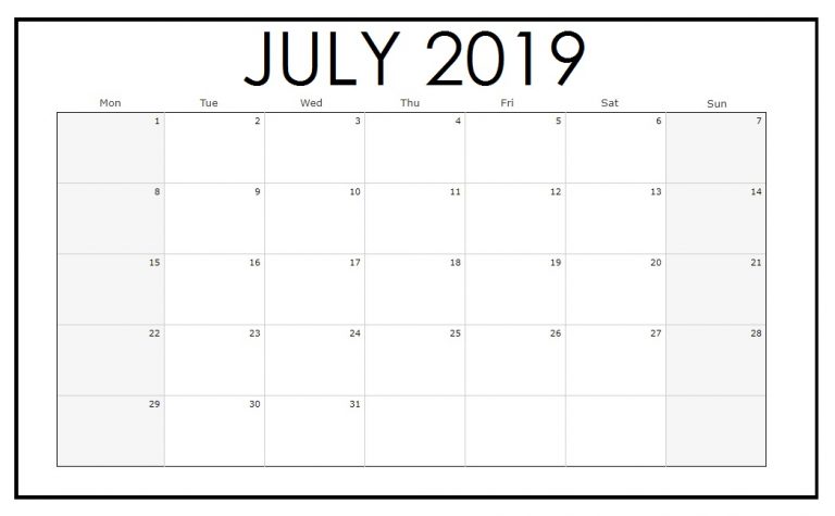 July 2019 Blank Planner Template