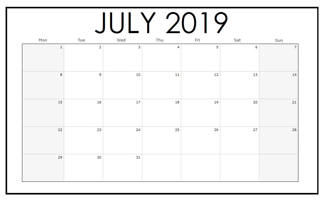 July 2019 Blank Planner Calendar