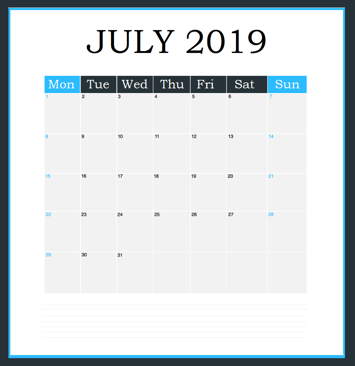 July 2019 Editable Calendar