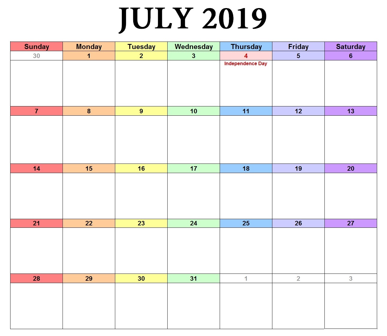 July 2019 Landscape Word Calendar