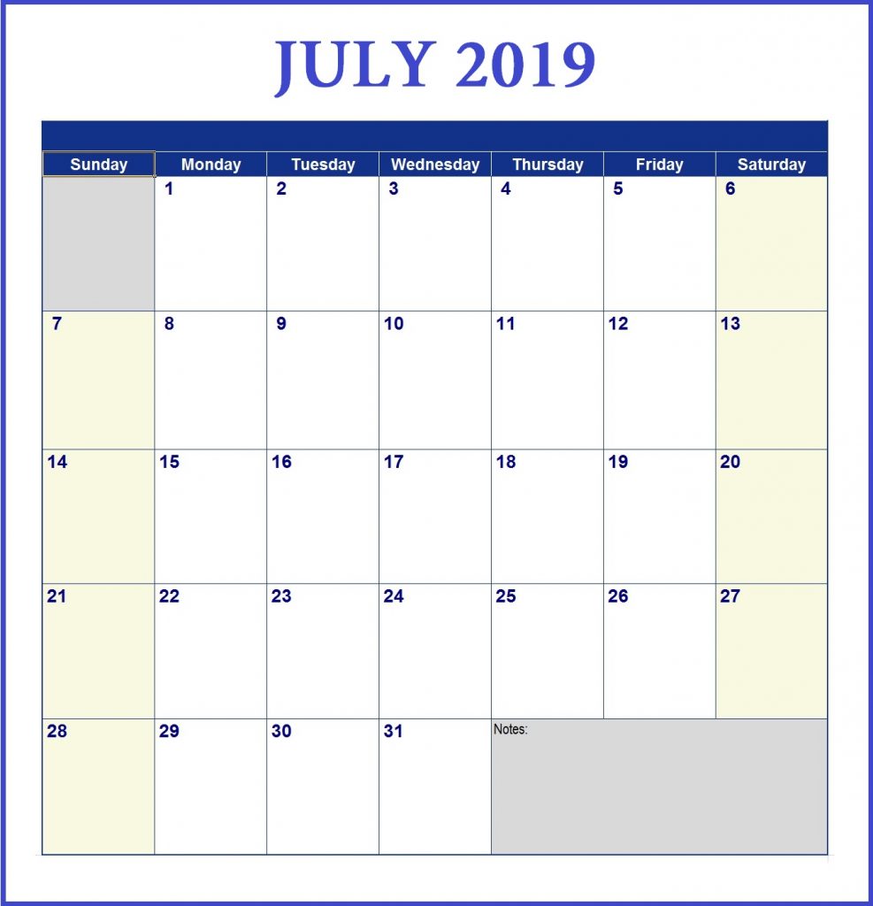 July 2019 Calendar Word