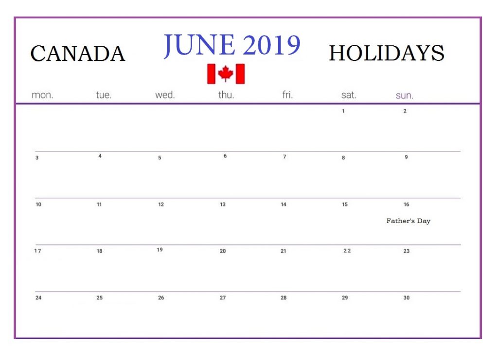 Canada June 2019 Holidays Calendar