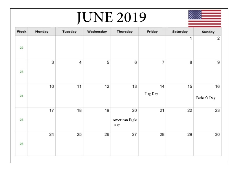 June 2019 Holidays Calendar United States