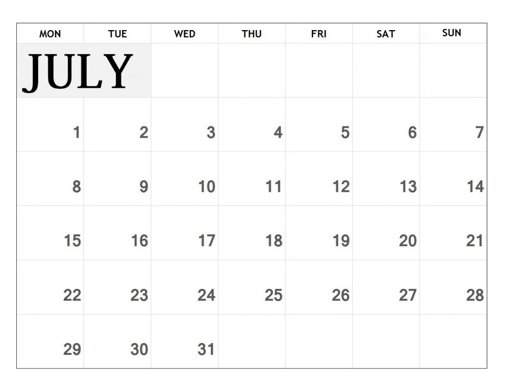 Editable July 2019 Calendar Template