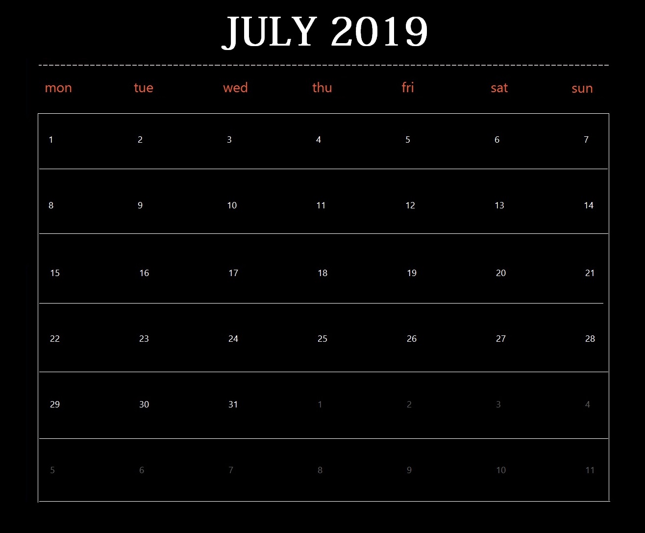 Print July 2019 Blank Calendar Template