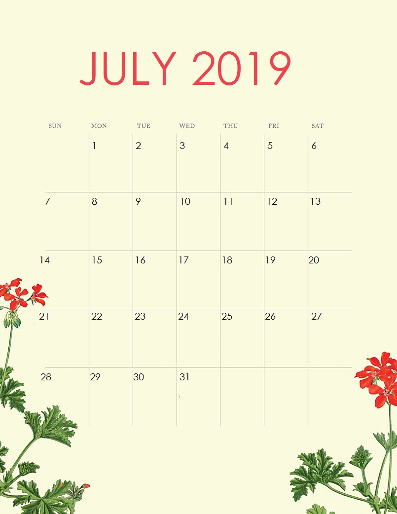 Print July 2019 Cute Calendar
