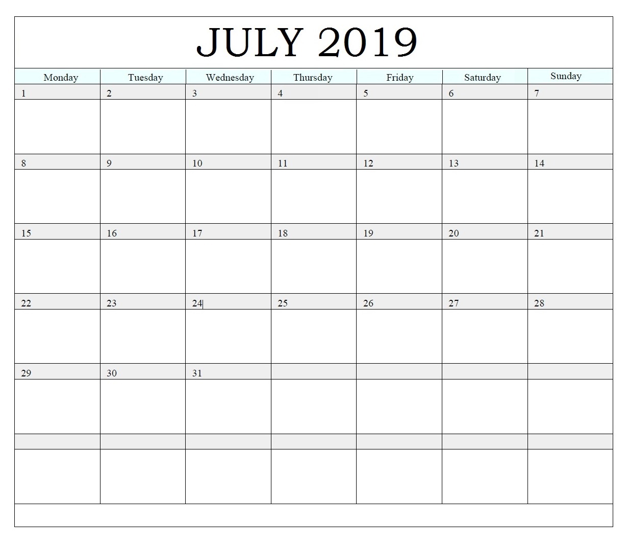 Printable July 2019 Editable Calendar