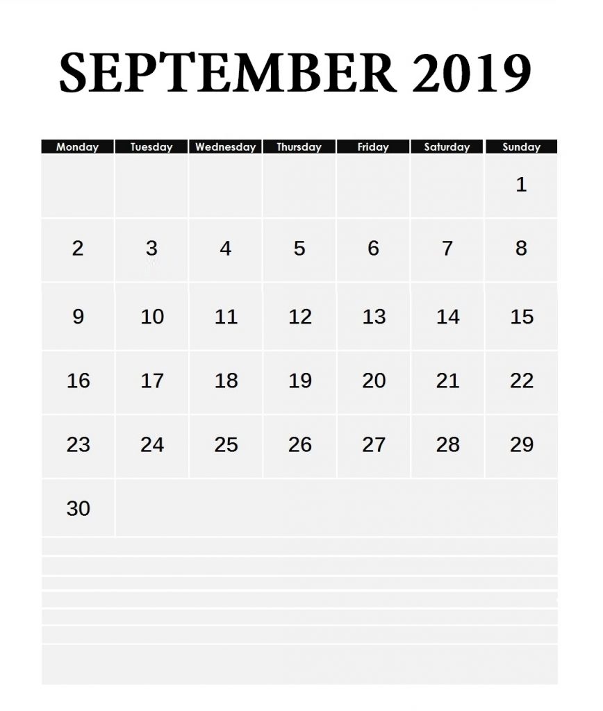 September Calendar 2019 Printable Template - PDF, Word, Excel