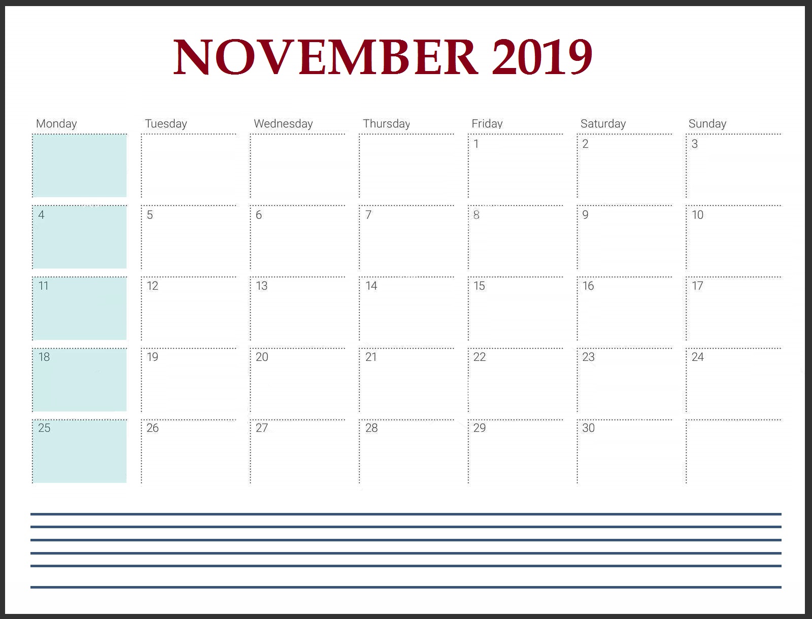 Blank November 2019 Desk Calendar