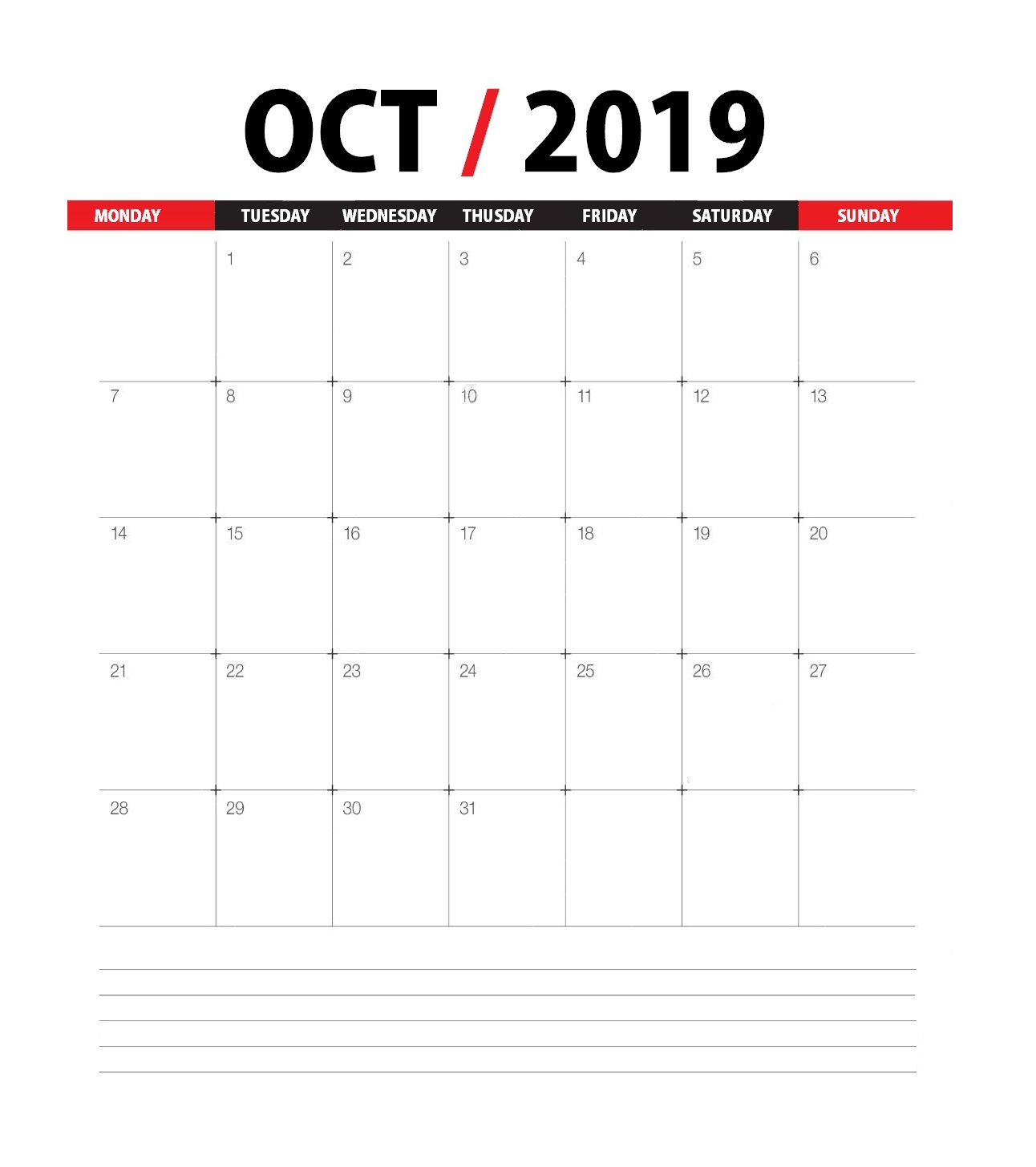 Blank October 2019 Calendar for Table