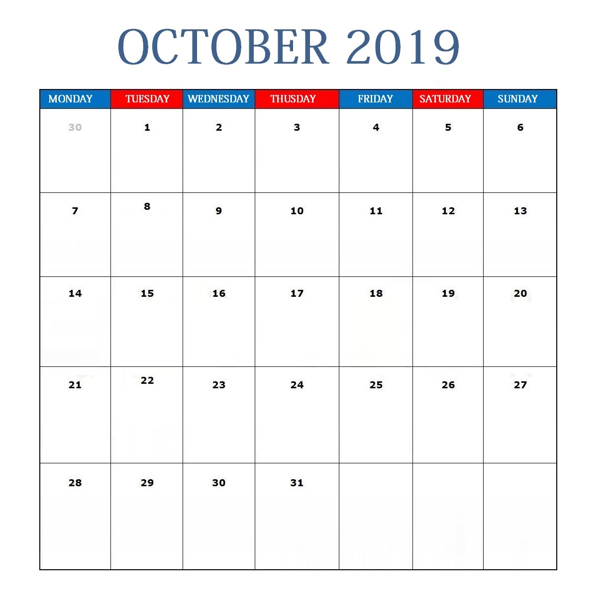 Blank October 2019 Calendar Template