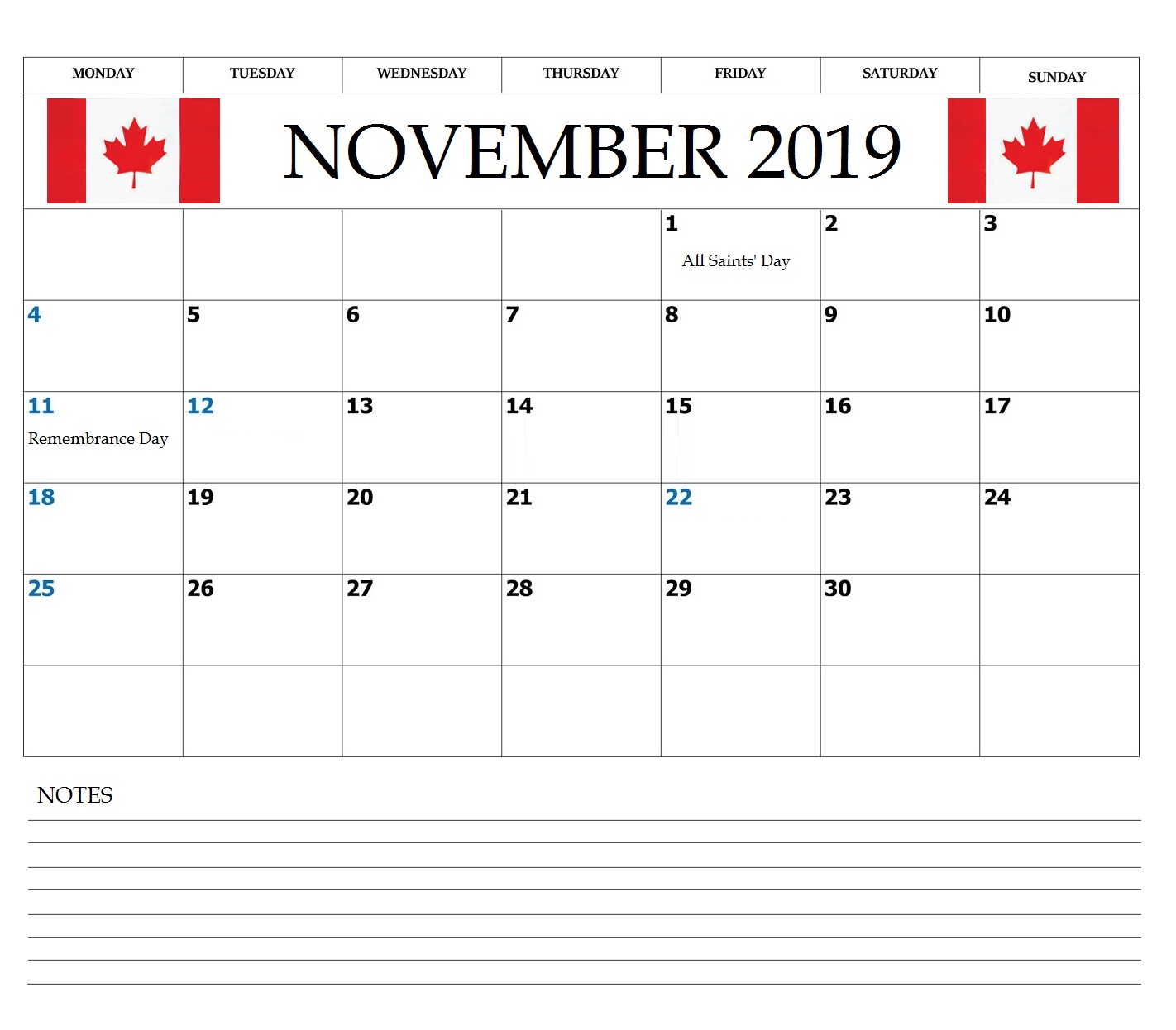 Canada November 2019 Bank Holidays Calendar