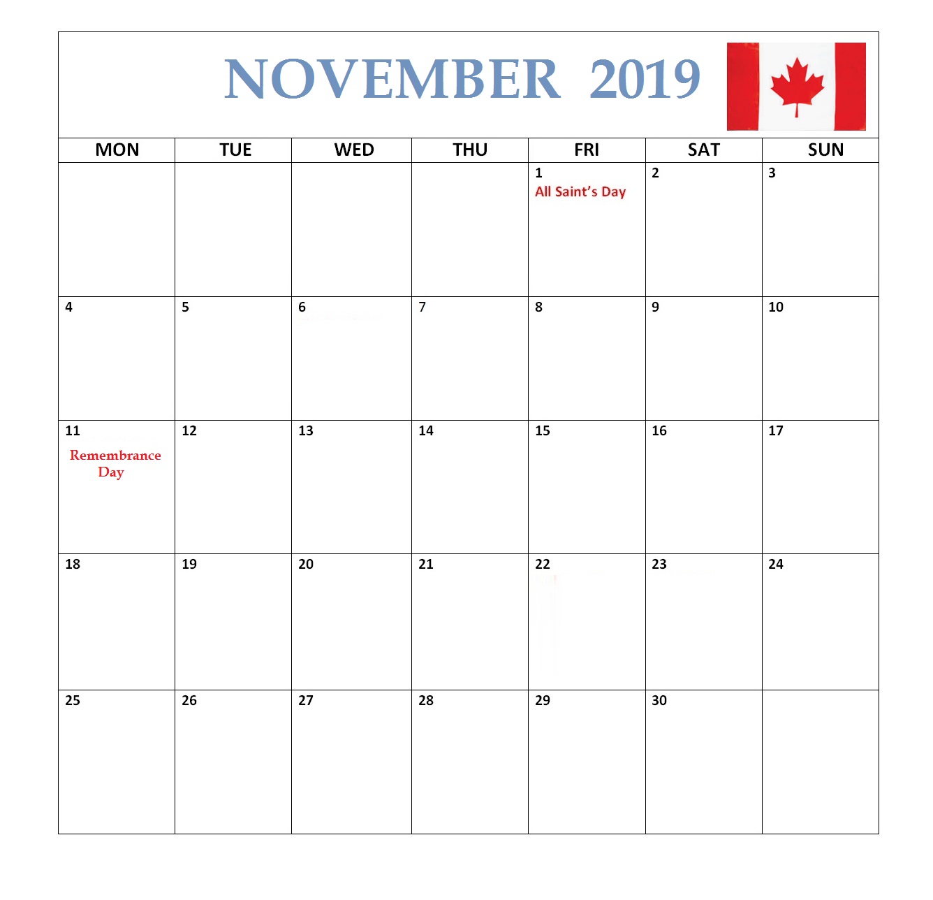Canada November 2019 Federal Holidays Calendar