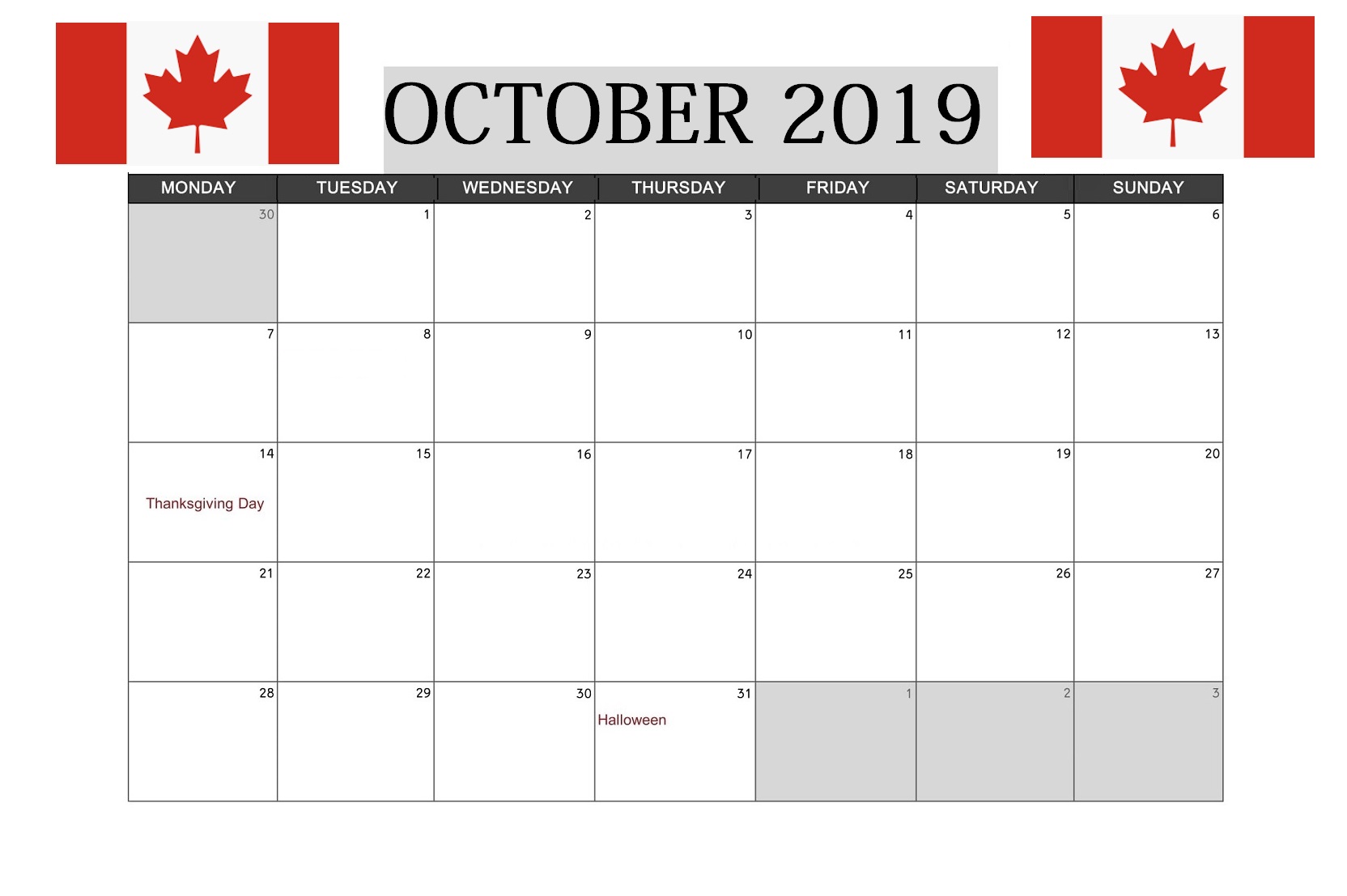 Canada October 2019 Calendar With Holidays