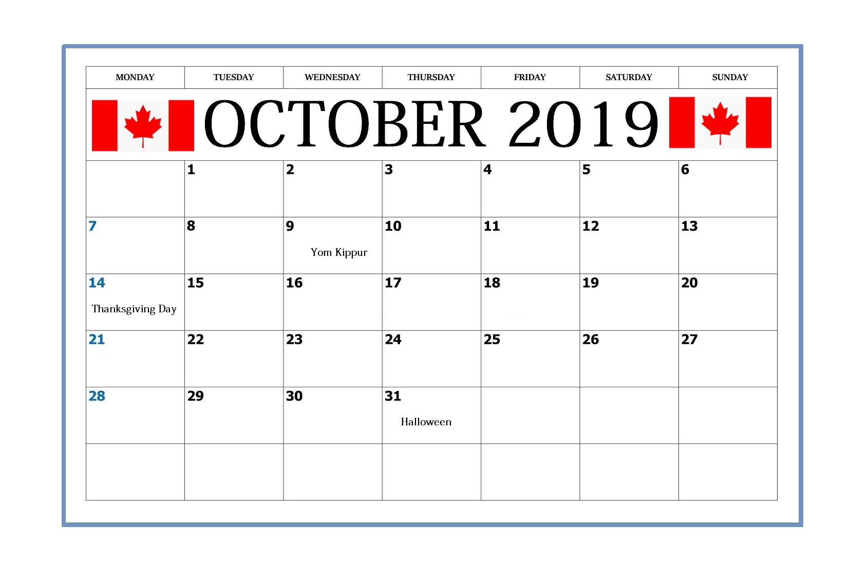 Canada October 2019 Federal Holidays Calendar