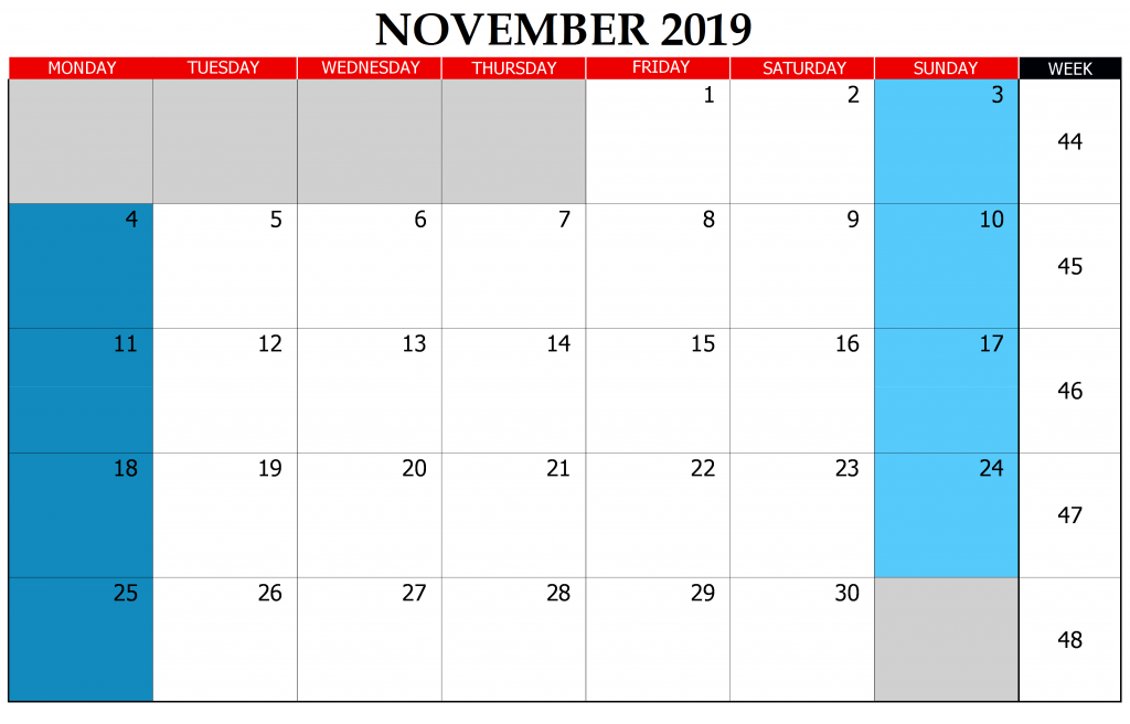 Editable November 2019 Calendar