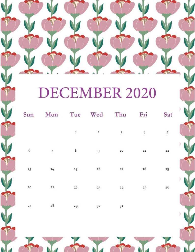 Free Printable December 2020 Calendar