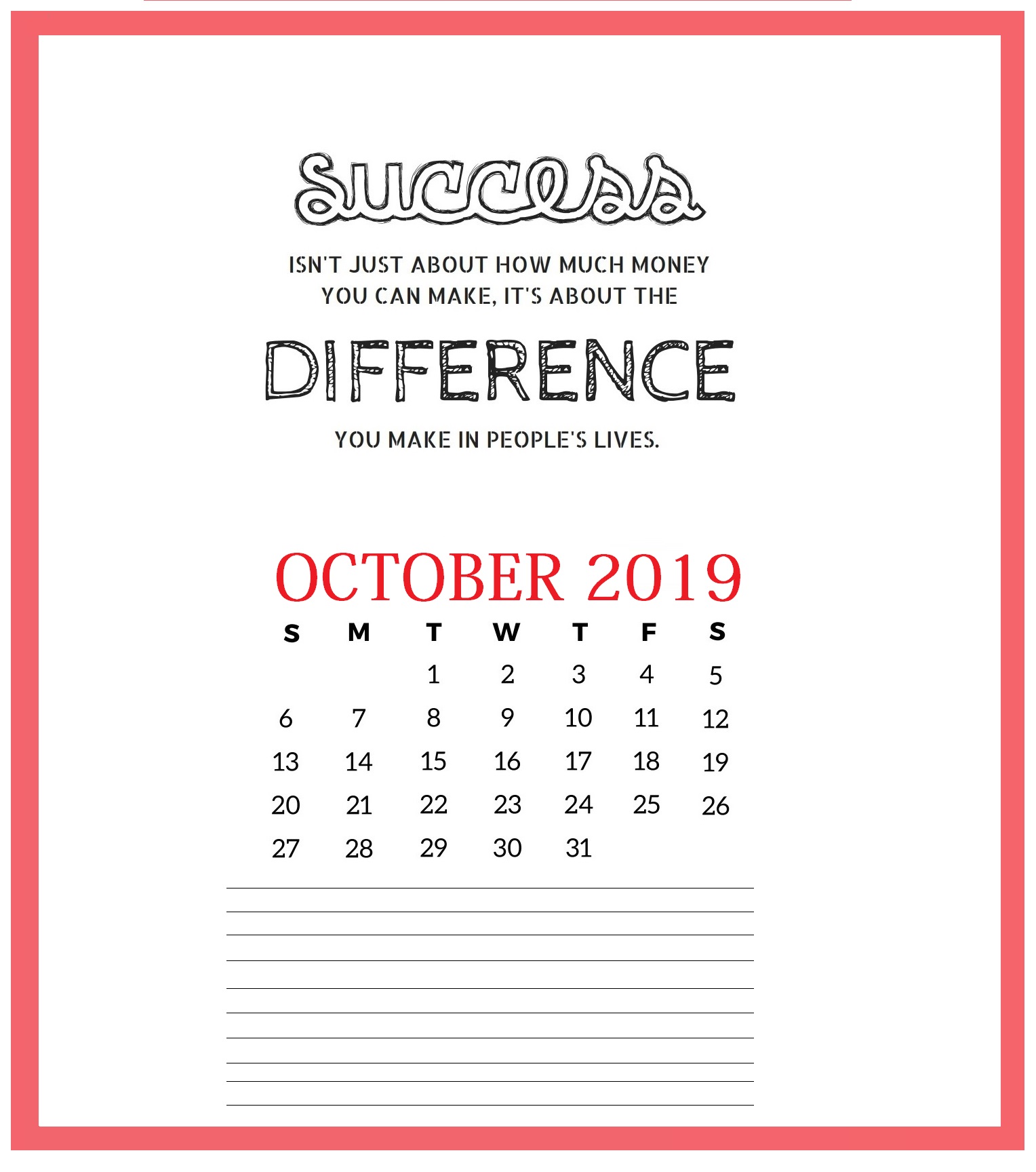 Motivational October 2019 Wall Calendar