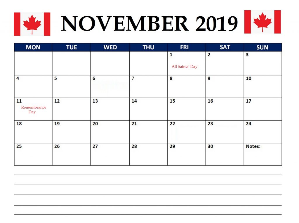 November 2019 Calendar Canada