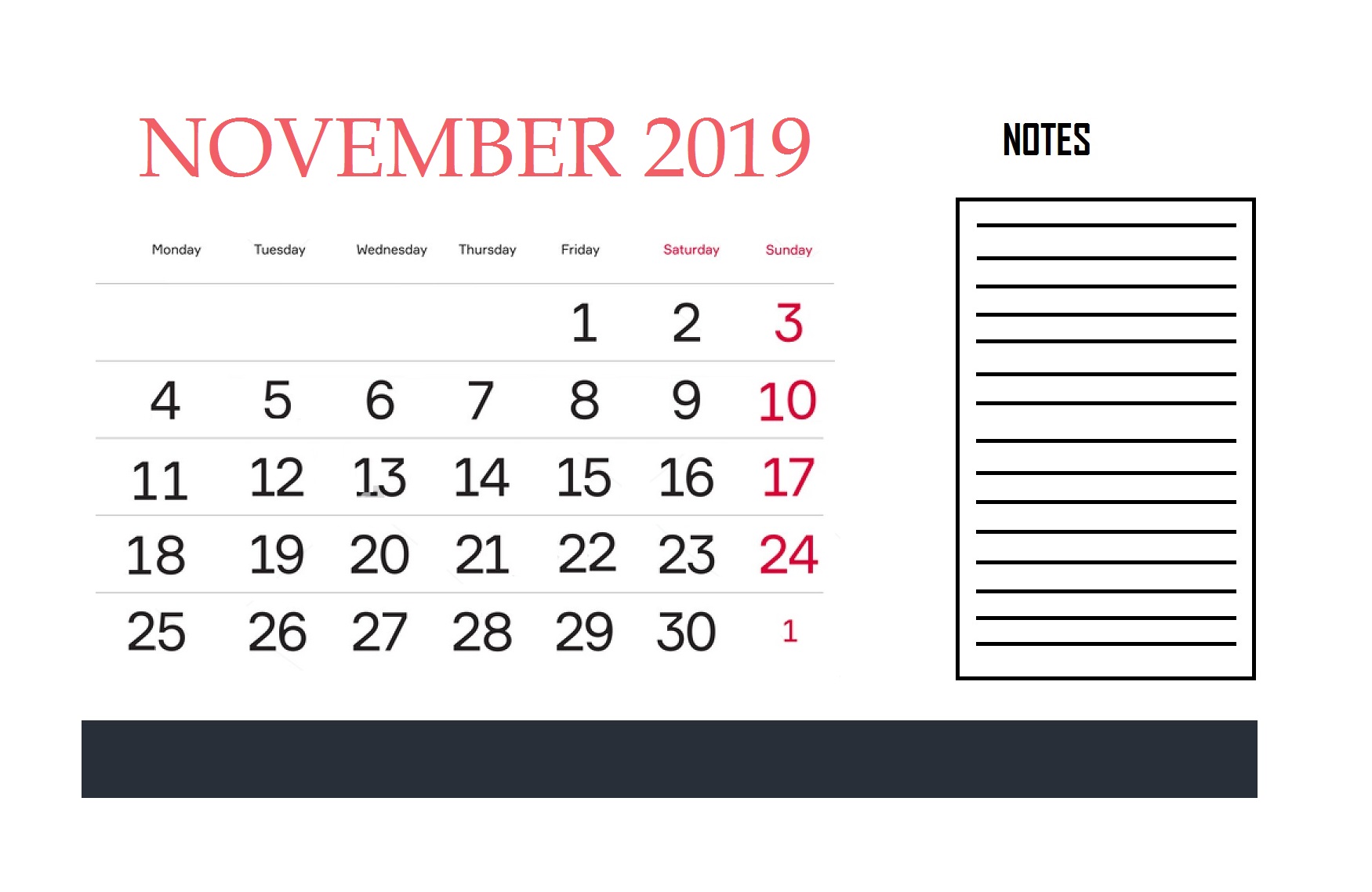 November 2019 Calendar For Office Wall