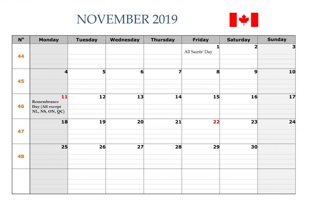 November 2019 Canada Holidays Calendar